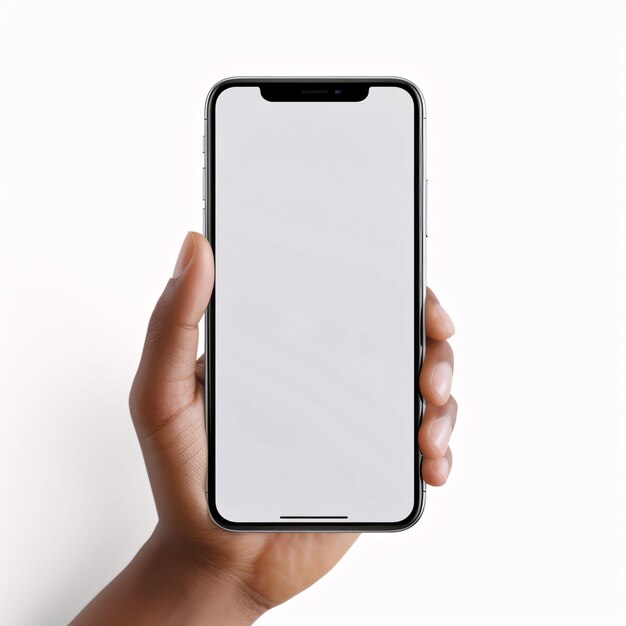 Ręka trzymająca smartfon z pustym ekranem odizolowanym na białym tle