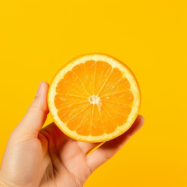 Ręka trzymająca świeży kawałek pomarańczy na żółtym tle