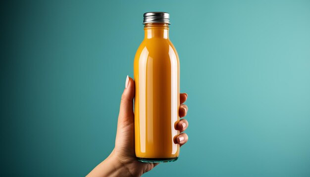 Ręka trzymająca świeży żółty napój owocowy w plastikowej butelce wygenerowanej przez sztuczną inteligencję
