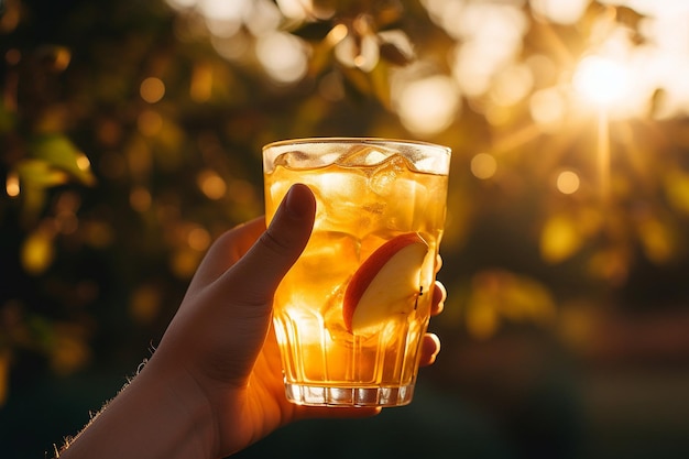 Ręka trzymająca szklankę soku jabłkowego w przeciwieństwie do światła słonecznego