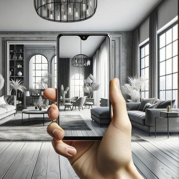 Zdjęcie ręka trzymająca telefon, który wyświetla scenę nowoczesnego pokoju