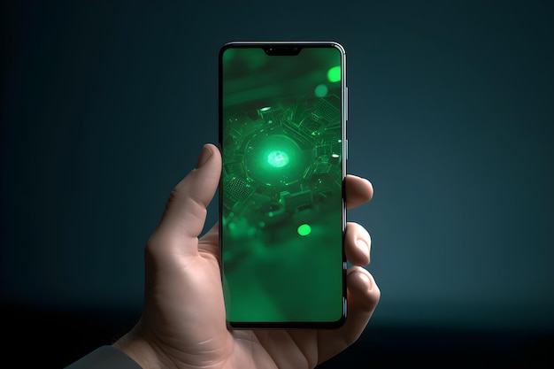 Ręka trzymająca telefon samsung galaxy s10 z zielonym światłem na ekranie.