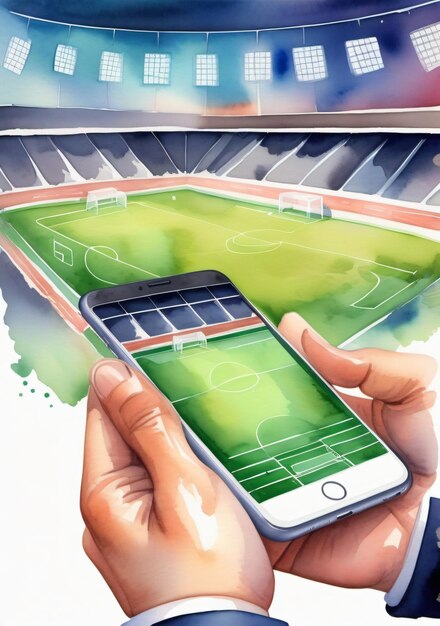 Ręka trzymająca telefon z boisku piłkarskim