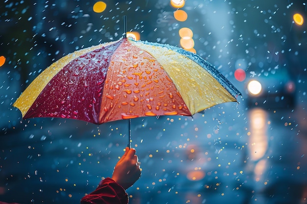 Ręka trzymająca wielokolorowy parasol pod deszczowym niebem w ciemnym środowisku i dużej przestrzeni dla tekstu lub produktu Generatywna sztuczna inteligencja