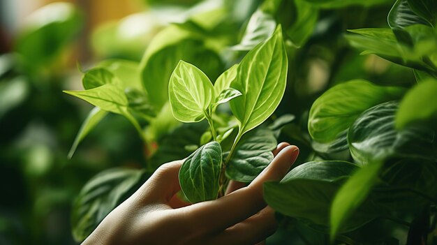 Ręka trzymająca zielone liście roślin Koncepcja opieki nad roślinami