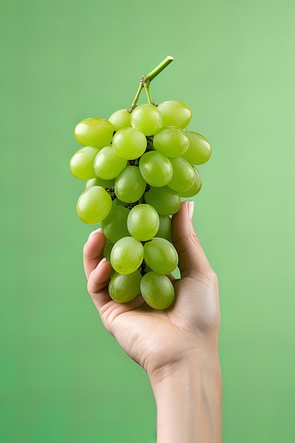 Ręka trzymająca zielony wiązek winogron izolowany na zielonym tle