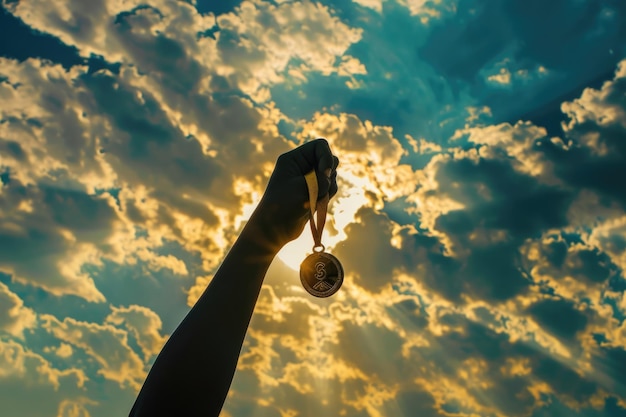 Ręka trzymająca złoty medal symbolizujący zwycięstwo na tle nieba