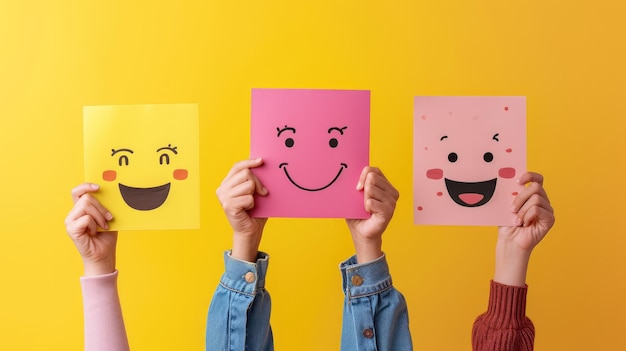 Ręka trzymająca żółty szczęśliwy uśmiech twarz wycięta papierem ocena zdrowia psychicznego dziecko pozytywne samopoczucie