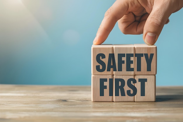 Zdjęcie ręka umieszcza drewniany blok z napisem safety first na niebieskim tle promującym bezpieczeństwo