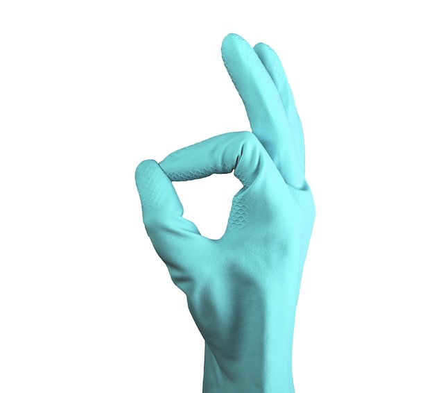 Ręka w niebieskiej rękawiczce Wyświetlono OK znak OK symbol zatwierdzenia palcami odizolowanymi na białym tle