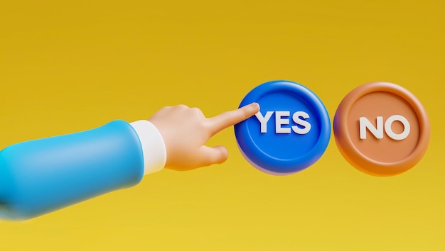 Ręka w niebieskim rękawie będzie naciskać duży przycisk "tak" i "nie" odizolowany na żółtym