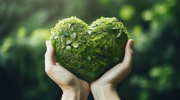 Zdjęcie ręka w ręku ekologia zielone serce generatywna sztuczna inteligencja