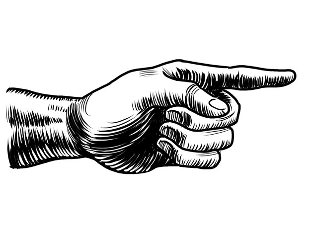 Ręka wskazująca w prawo Ręcznie narysowana ilustracja czarno-biała