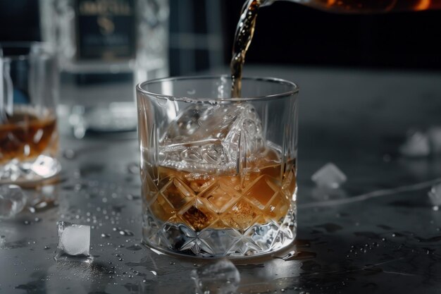 Ręka wylewa strumień bursztynowej whisky z butelki do przezroczystej szklanki. Płyn wypełnia szklankę, tworząc fali, gdy się osadza.