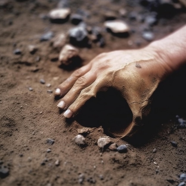 Zdjęcie ręka wystająca z ziemi w pobliżu czaszki