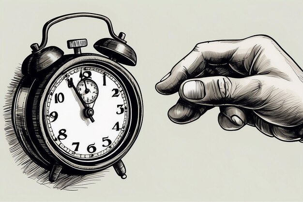 Zdjęcie ręka z atramentem zegara czarno-białego rysunku