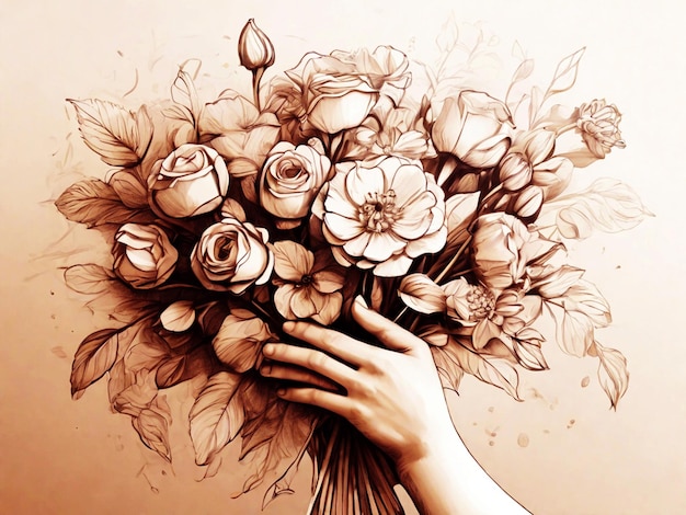 Zdjęcie ręka z bukietem kwiatów szkic dzień nauczycieli tło