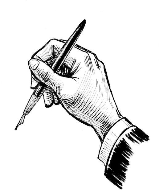 Ręka z długopisem. Czarno-biały rysunek tuszem