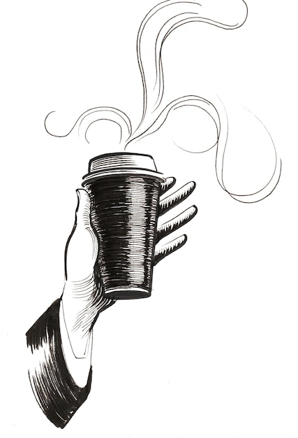 Ręka z filiżanką kawy. Czarno-biały rysunek tuszem