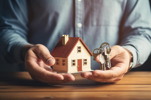 Ręka z kluczami do nowego domu Inwestycja hipoteczna wynajem nieruchomości koncepcja nieruchomości Generative AI