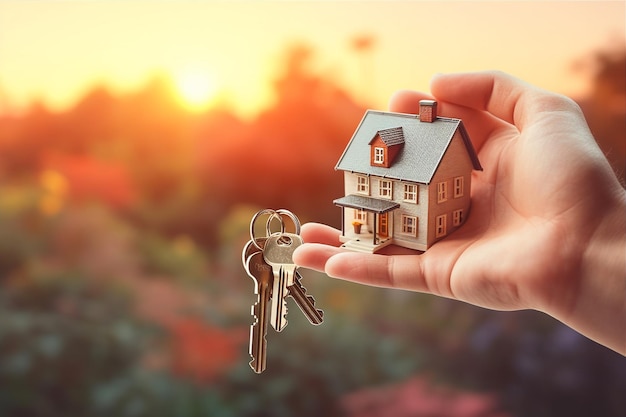 Ręka z kluczami do nowego domu Inwestycja hipoteczna wynajem nieruchomości koncepcja nieruchomości Generative AI