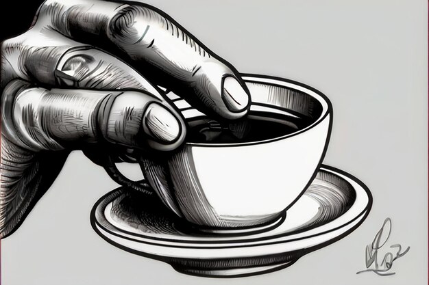 Ręka z kubkiem atramentu do kawy Czarno-Biały rysunek