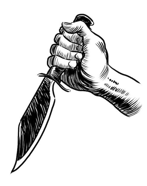Ręka z nożem Ręcznie narysowana ilustracja czarno-biała.