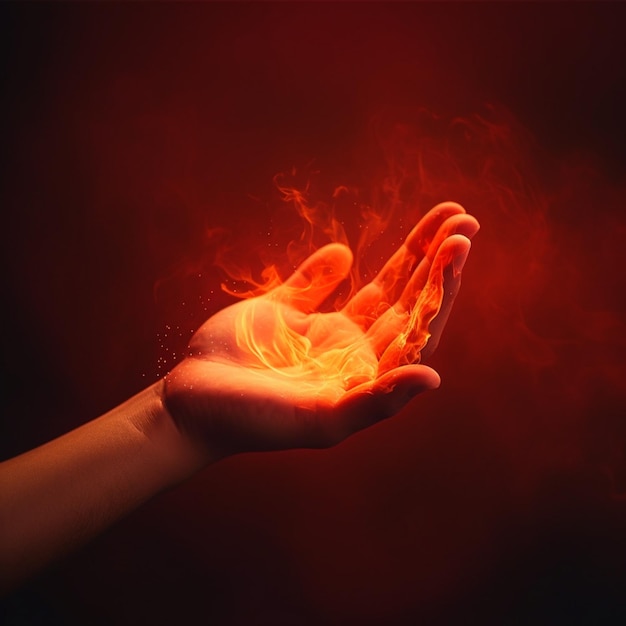 Zdjęcie ręka z ogniem, który jest czerwony i pomarańczowy.