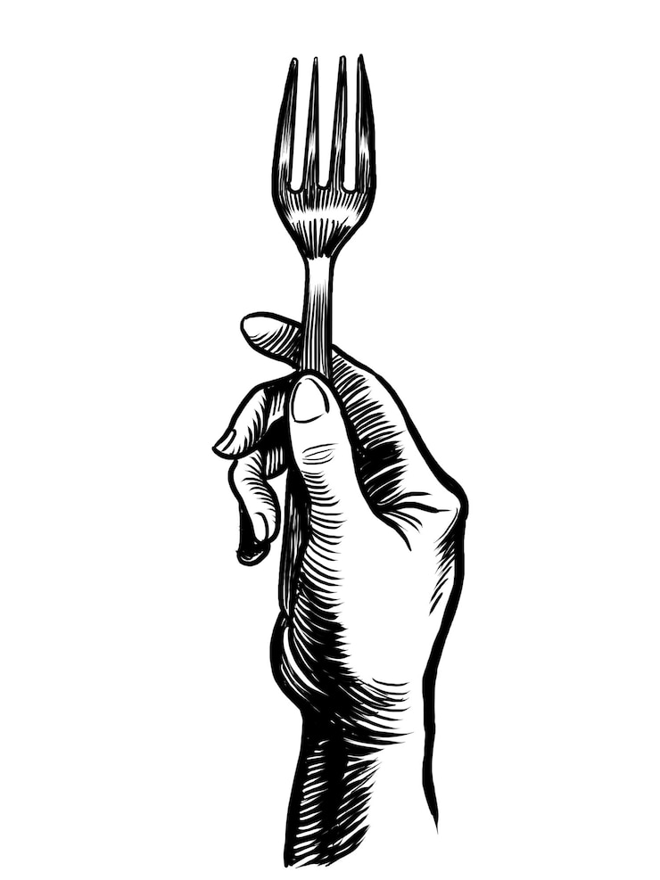 Zdjęcie ręka z widelcem ręcznie narysowana ilustracja czarno-biała