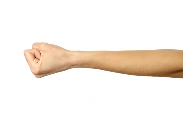 Zdjęcie ręka zaciśnięta w pięść. kobiety ręki gestykulować odizolowywam na bielu