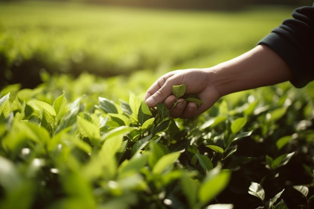 Ręka zbiera liście herbaty z plantacji herbaty.