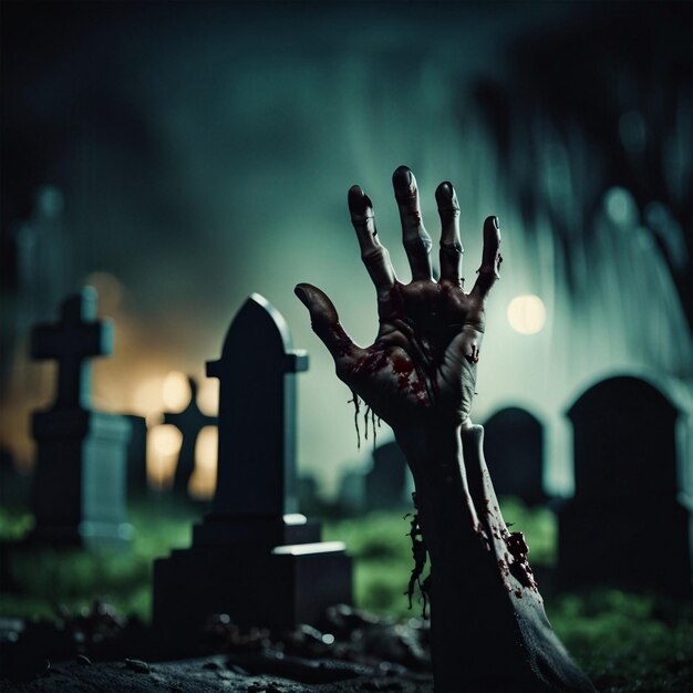 Ręka zombie wyłaniająca się z cmentarza w przerażającą noc Halloween