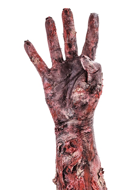 Zdjęcie ręka zombie z czterema palcami, odliczanie na białym tle białej powierzchni, ręka halloween.