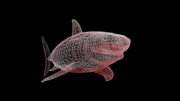 Rekin na czarnym jednolitym tle. Konstruktor elementów wielokątnych. Sztuka świata dzikich zwierząt w nowoczesnym wykonaniu. renderowania 3D.