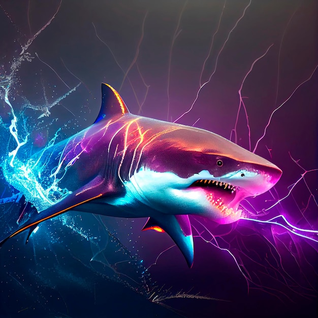 Rekiny na dnie morza z jasnym fluorescencyjnym magicznym neonowym światłem pływające generowane sztuczna inteligencja