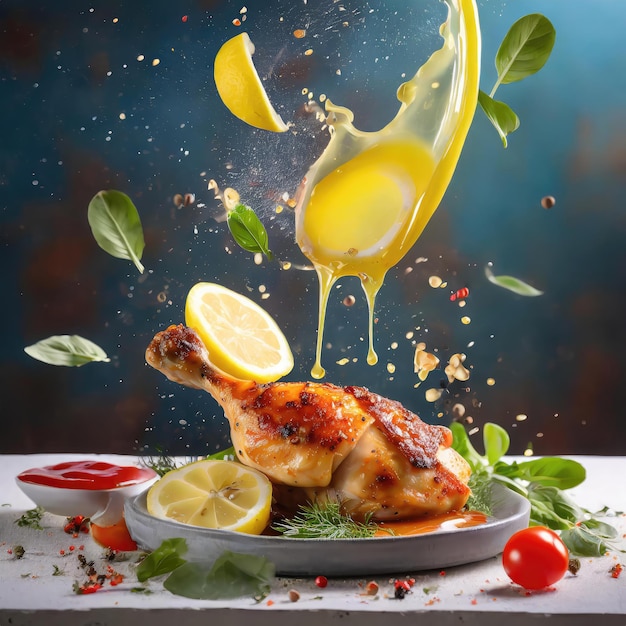 Reklama fotograficzna jedzenia, rozpryskiwanie soku z cytryny na steku z kurczaka, jasne kolory, generowane przez sztuczną inteligencję