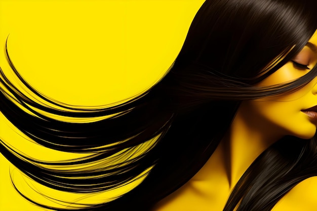 Reklama fryzjera z kobietą o błyszczących czarnych włosach na żółtym tle Generatywna sztuczna inteligencja