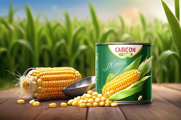 Reklama konserwowanej kukurydzy ekologicznej z łyżką ziaren kukurydzy i puszką na tle pola bokeh w ilustracji 3D
