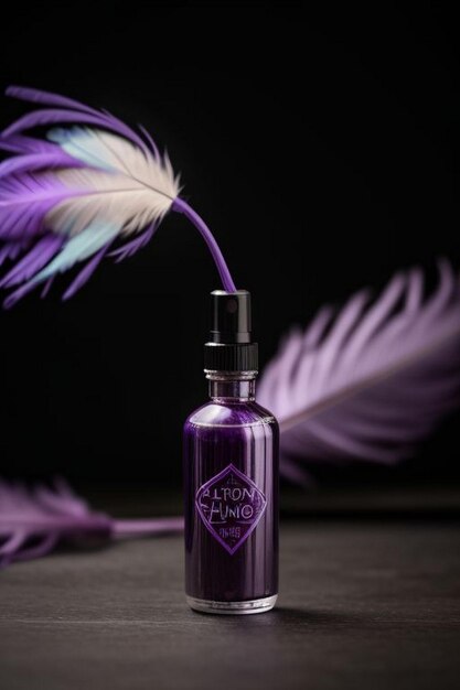 Reklama kosmetyków lub produktów do pielęgnacji skóry z fioletową butelką na fioletowym tle.
