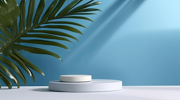Reklama Minimalne abstrakcyjne niebieskie białe tło do prezentacji produktu kosmetycznego Podium premium z cieniem tropikalnych liści palmowych na niebieskiej ścianie i białym stole Generative Ai