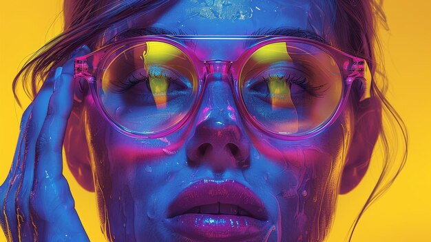 Reklama okularów przeciwsłonecznych w stylu sztuki pop Plakat abstrakcyjny z inskrypcjami sztuki pop Zabawny surrealistyczny plakat z parą okularów w ręku na żółtym tle