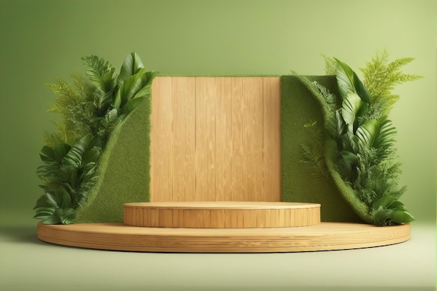 Reklama realistycznego drewnianego podium wystawowego stoiska 3D na gradientowym żółtym i zielonym tle