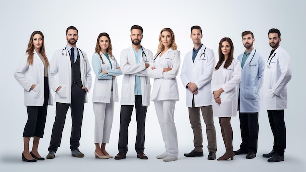 Reklama Zdjęcie portretowe zespołu farmaceutów stojących razem na białym tle i niebieskim ba
