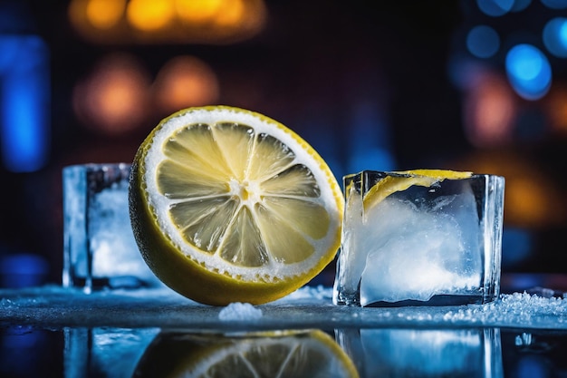 reklamowa martwa natura z pociętymi cytrynami w kostkach lodu na tle klubu nocnego.