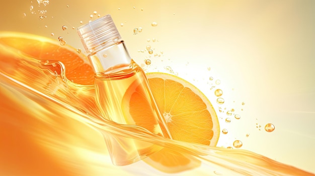 Reklamy esencji witaminy C z półprzezroczystą plasterką pomarańczy i butelką z kropelkami