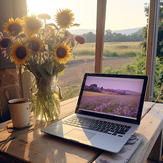 Rekolekcje artysty na wsi, laptop na rustykalnym stole