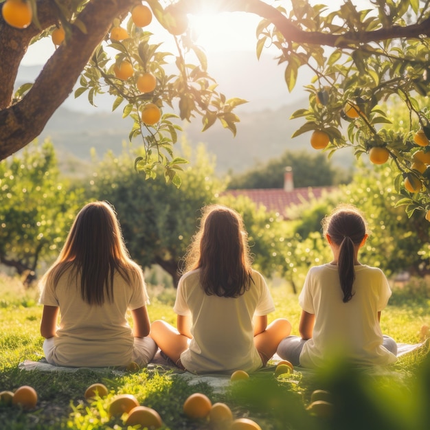 Rekolekcje wellness dla dzieci i dorosłych praktykujących jogę wśród drzew owocowych