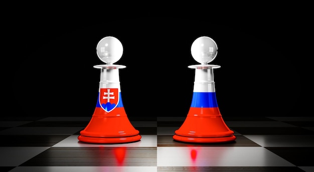 Zdjęcie relacje słowacji i rosji pionki szachowe z flagami narodowymi ilustracja 3d
