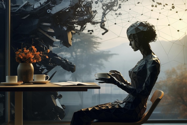 Zdjęcie relaksująca przerwa na kawę z kobietą przy stole generatywna sztuczna inteligencja