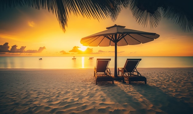 Relaksująca scena tropikalnego zachodu słońca z leżakami i parasolem na białej, piaszczystej plaży